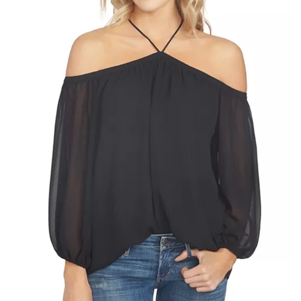 1.state Off shoulder semi sheer sleeve blouse Ladies size small Black